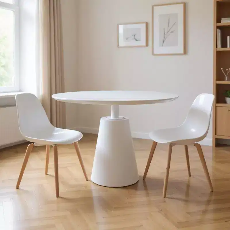 42 White Wood and Metal Pedestal Base Round Top Dining Table