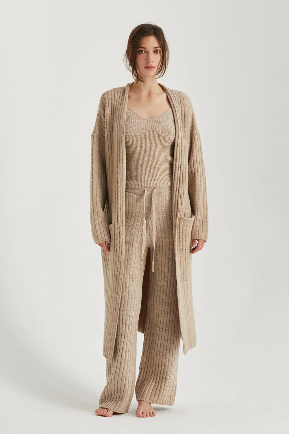 Longline Open Front Ribbed Knit Sweater Cardigan with Patch Pockets