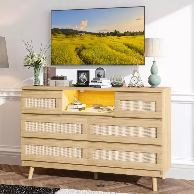 Large Wooden Rattan 6 Drawers, Natural Wood Dressers with LED Light and Charging Station for Closet, Nursery, Living Room