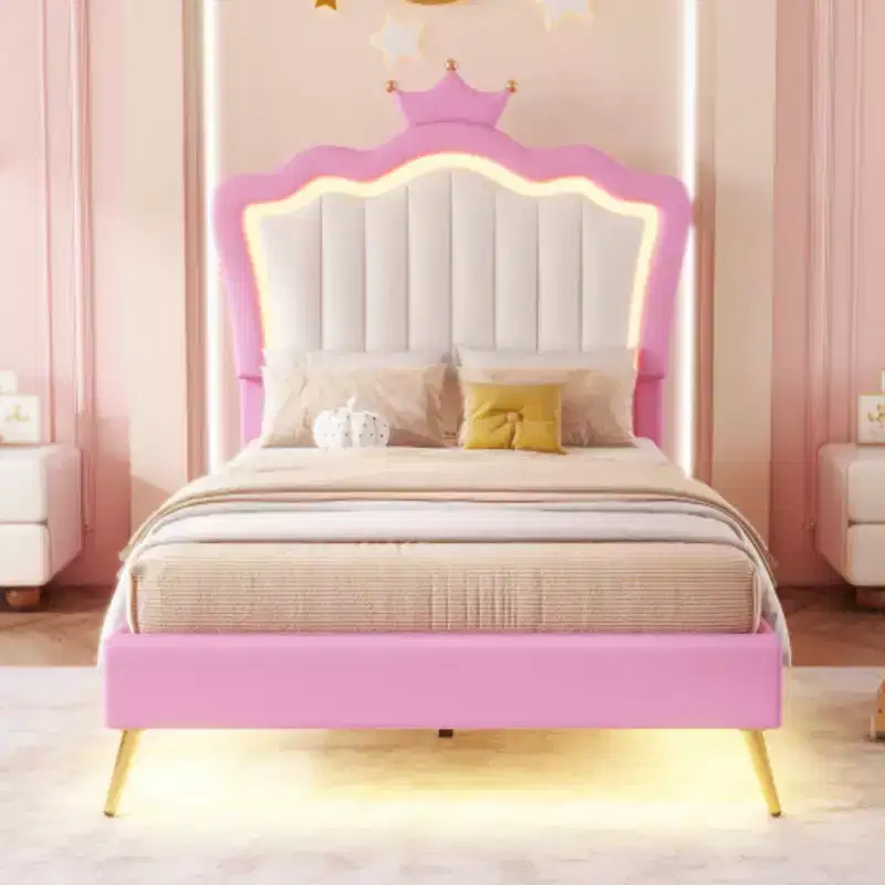 Full Dimension Upholstered Bed Frame equipped includes LED Lights, Modern Upholstered Princess Bed equipped comes with Crown Headboard