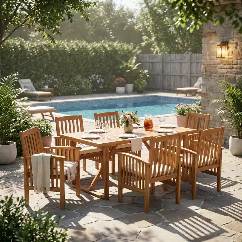 7-Piece Acacia Wood Outdoor Dining Set, Modern Rectangular Table with 6 Cushioned Chairs for Patio, Backyard, Deck, and Poolside-Panipeachy
