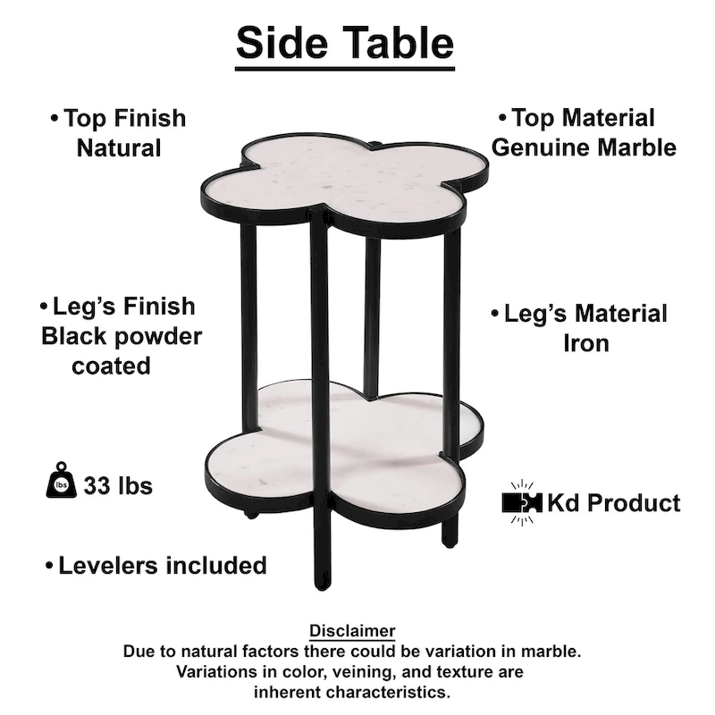 Chloe Side End Table, White Genuine Marble Clover Shape Top With Black Iron Frame