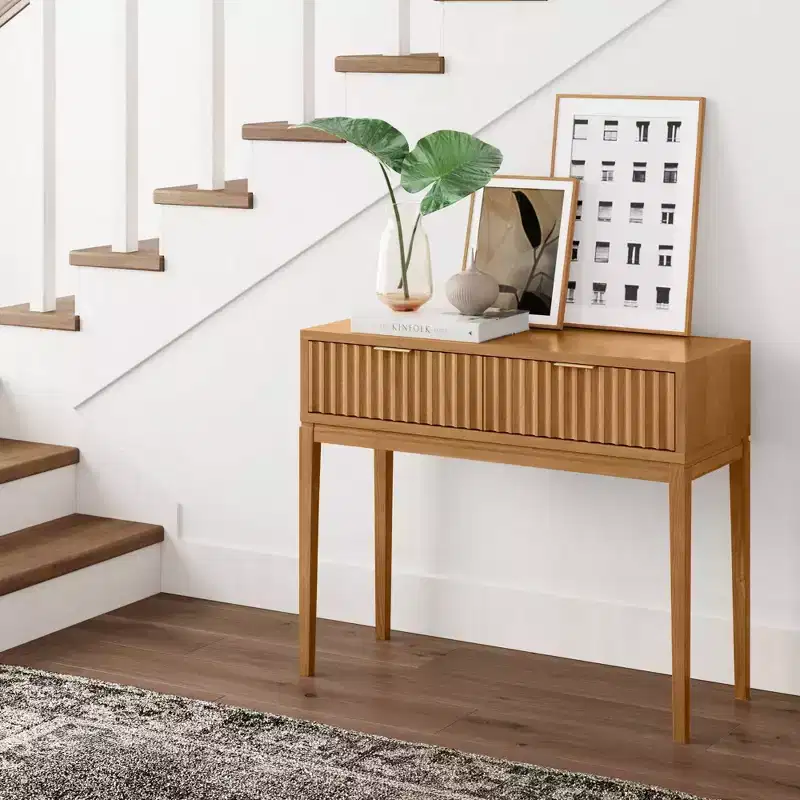 Nathan James Boho Wood Fluted 2 Drawers Console Table: Tapered Legs, Brass Handles, Mid-Century Modern