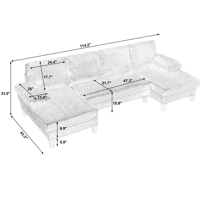 Homy Casa U-Shaped Corduroy Sectional Sofa with Double Chaise, 4-Seat Living Room Couch, Beige