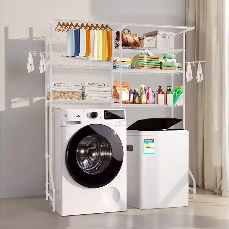 White 6-Tier Over Washer & Dryer Storage Shelf with Hanger Rod & Hooks, Single Use