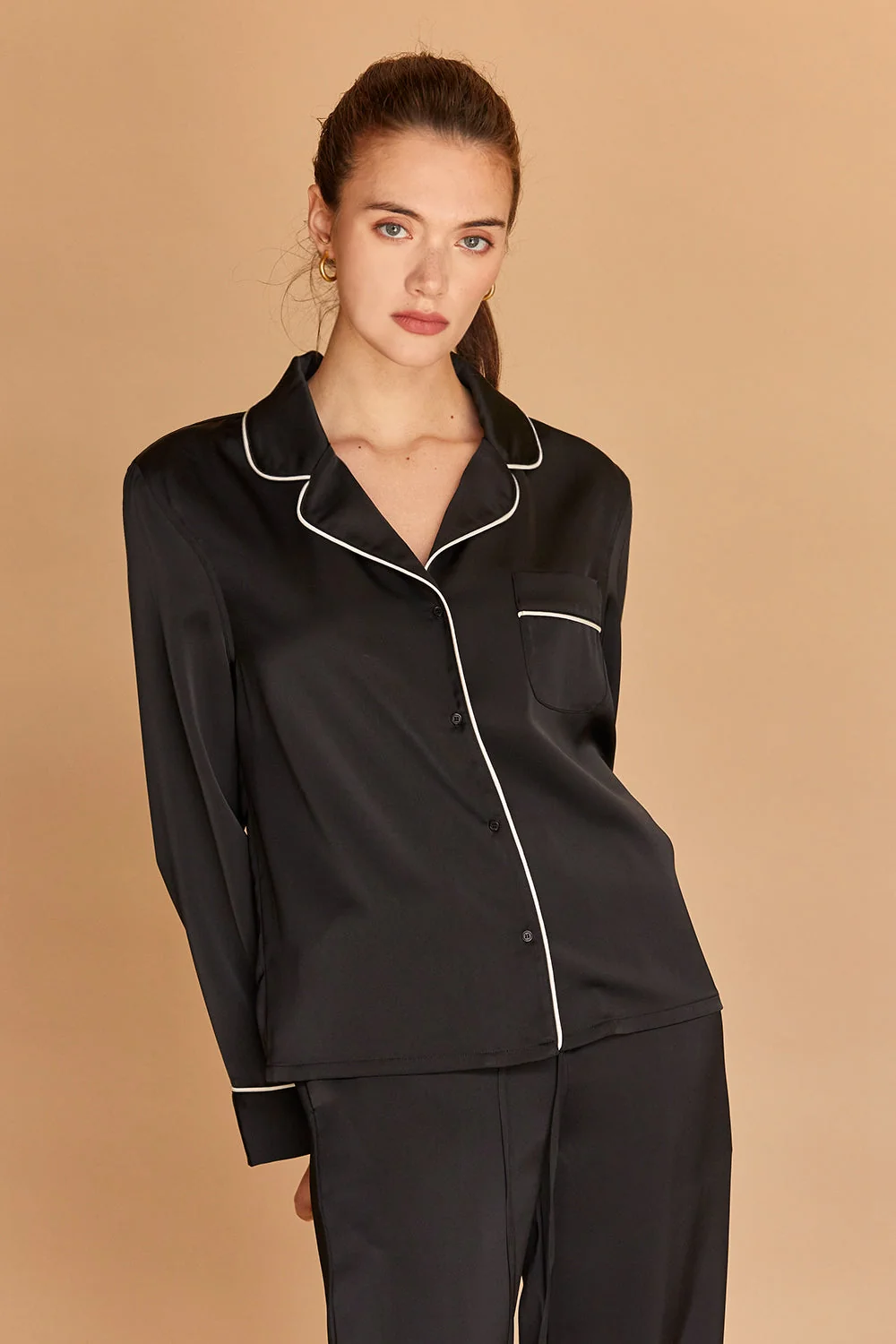 Satin Pajama Long Sleeve Top with Notched Lapel Collar