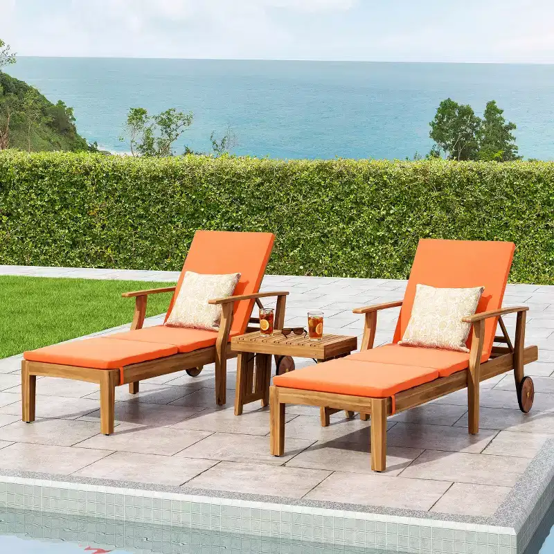 Christopher Knight Home Perla Outdoor Acacia Wood 3 Piece Adjustable Chaise Lounge Chat Set with Cushion
