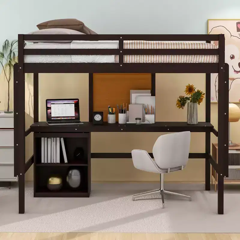 Wooden Loft Bed with Desk, Writing Board and 2 Drawers Cabinet - ModernLuxe