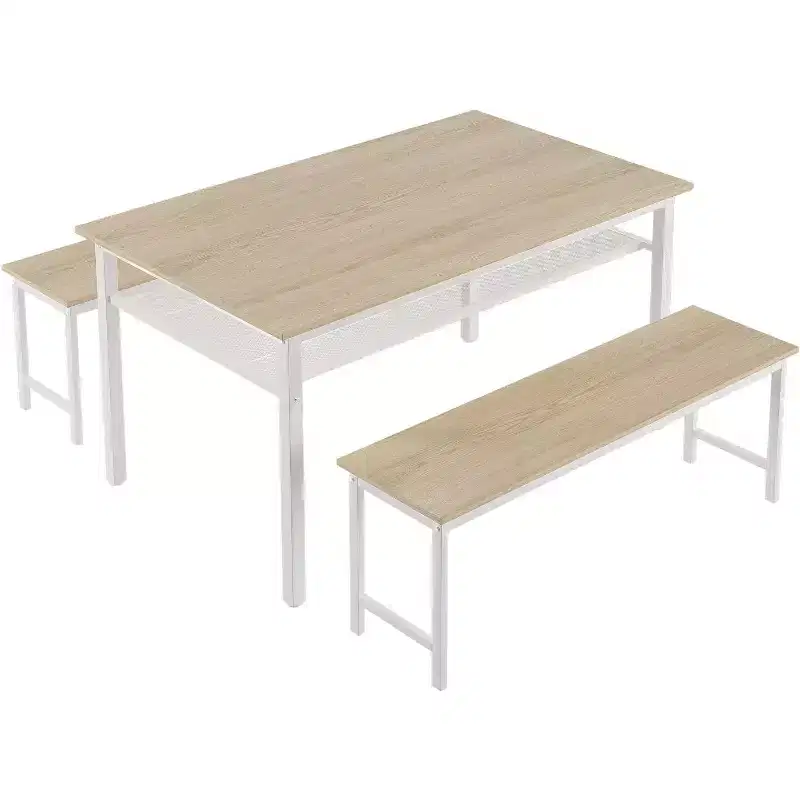 Farmhouse Dining Set for 4, 3-Piece Kitchen Table with 2 Benches & Storage Rack, White Oak MDF Table with Metal Frame, for Home & Restaurant