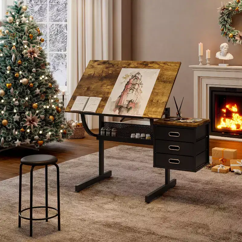 Adjustable Height Drafting Table with Stool and 3 Storage Drawers, Black