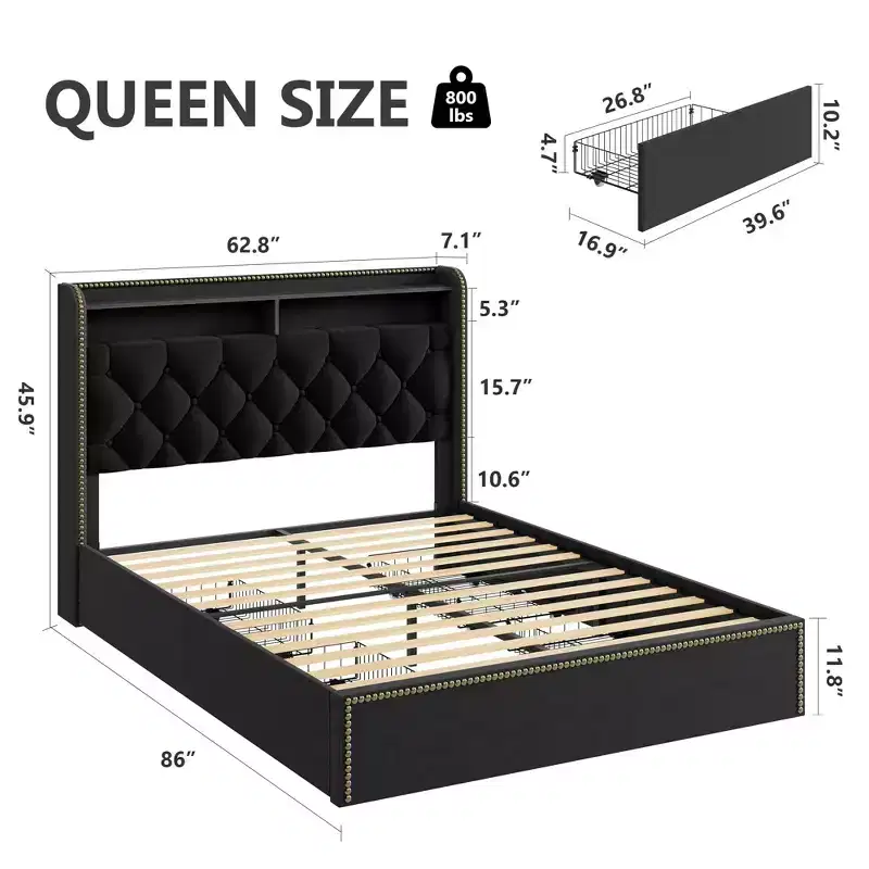 Upholstered Storage Bed Frame with 5 Drawers & Shelves Headboard, Black Velvet, No Box Spring Needed