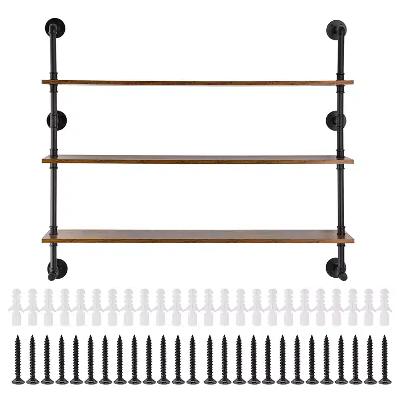 VEVOR Industrial Pipe Shelf, 3 Tier 48x9.84in,Wall-Mount Floating Rustic Wood Shelves Bracket Display Bookshelf, Storage Rack Sundries Holder, Brown