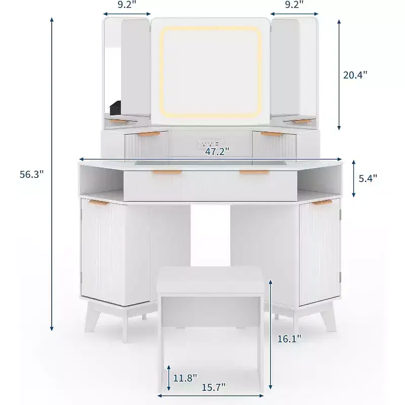 Corner Makeup Vanity Desk, Modern Vanity Desk with HD Triple Mirror, Corner Vanitys with Clear Glass Top, Fluted Makeup VanityDesk