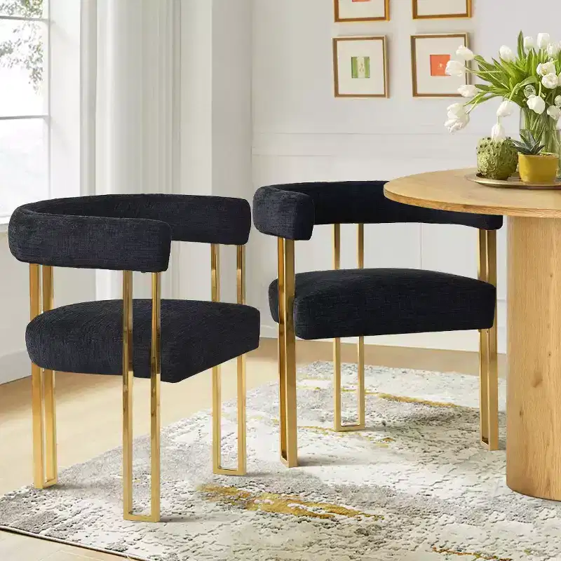 Set of 4 Modern Upholstered Dining Chairs with Armrests, Curved Backrest, Gold Metal Legs, Dining Room Chairs for Kitchen or Dining Area-Panipeachy
