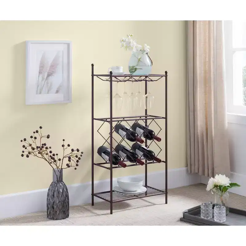 Freestanding Metal Wine Rack – Bronze, 8 Bottles, Glass Holder & 2 Storage Shelves