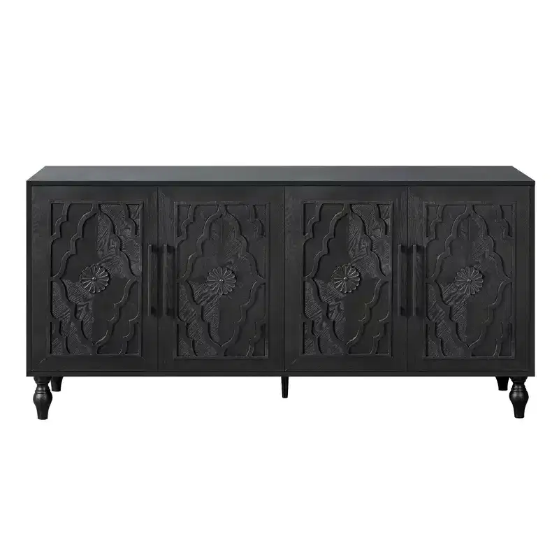 Clihome 63 Large Storage Cabinet with Metal Handle, Carved Flower Doors, Wooden Mordern Sideboard Console with Adjustable Shelves