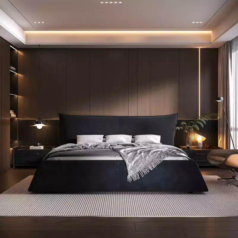 MAYEERTY King Size Upholstered Platform Bed with Special Shaped Velvet Headboard,Metal & Solid Frame Black