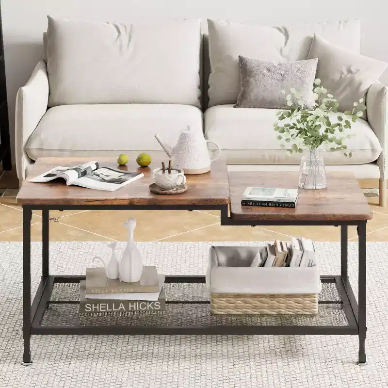 Coffee Table Industrial Living Room Table 2-Tier Rustic Center Table with Mesh Shelf Rectangle Storage Cocktail Table, Easy to Assemble, Rustic Brown