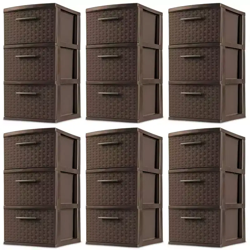 Sterilite 3 Drawer Decorative Plastic Weave Storage Tower, 6-Pack, Espresso