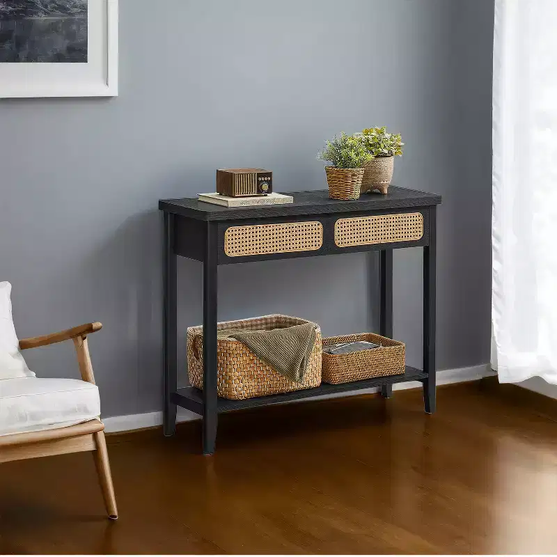 Rattan Console Table with 2 Drawers & Open Shelf, Narrow Entryway Table, 39.4