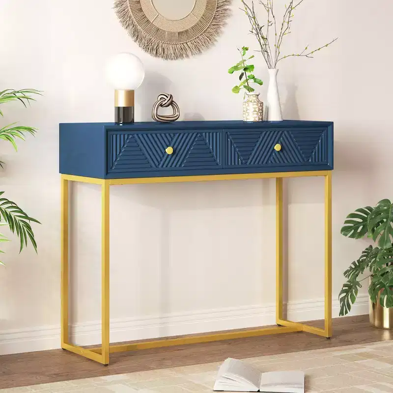 MAYEERTY Modern Narrow Console Table with Storage 2 Drawers Stripe Design for Living Room Hallway Navy