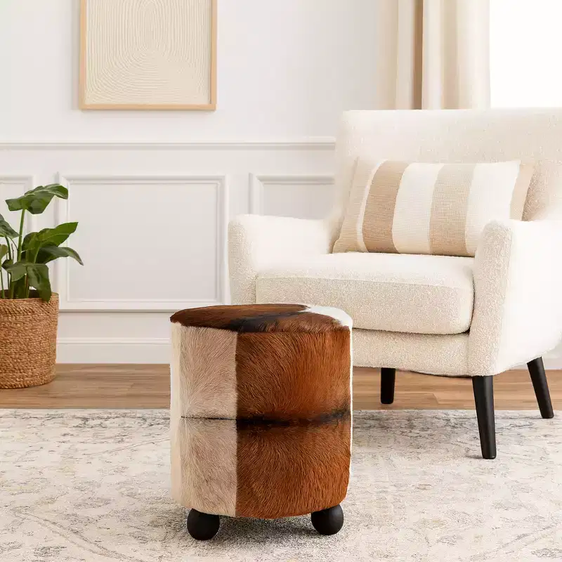 Decorative Cow Printed Upholstered Ottoman with Ball Feet - Comfortable Versatile Foot Rest Ottoman, Living Room Stool Furniture - 20, Brown & Ivory