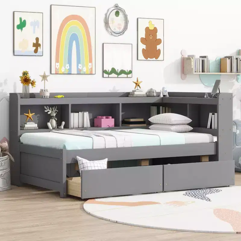 MAYEERTY Twin L-shaped Bookcase Bed with Pine Wood Frame Two Drawers for Bedroom Gray