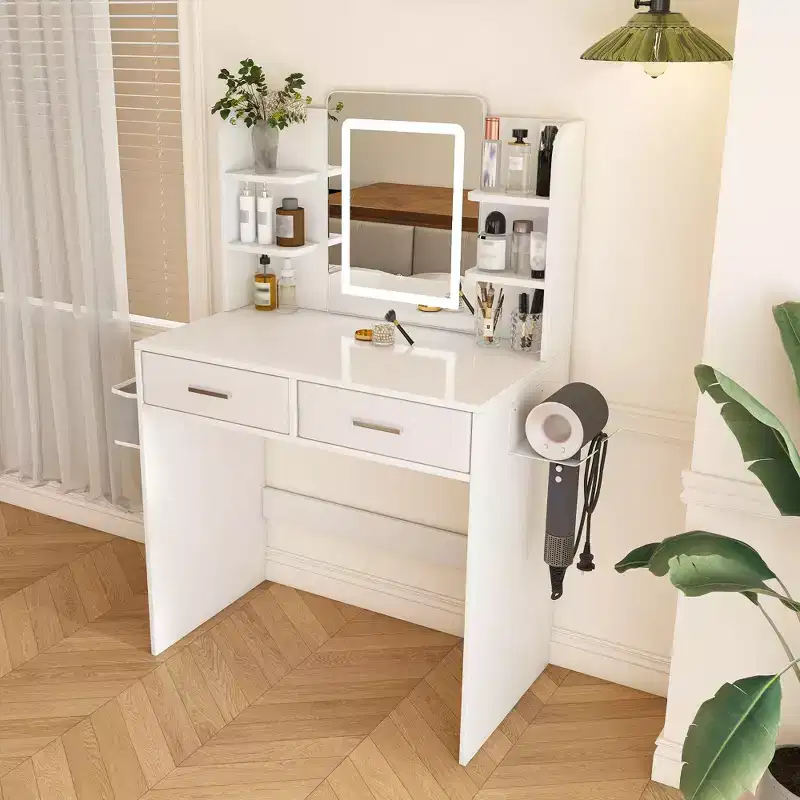 Okak Vanity Desk with Mirror and 3-Color Adjustable Strips, Makeup Vanity with 2 Large Drawers and Hair Dryer Stand, Vanity Table for Bedroom, White
