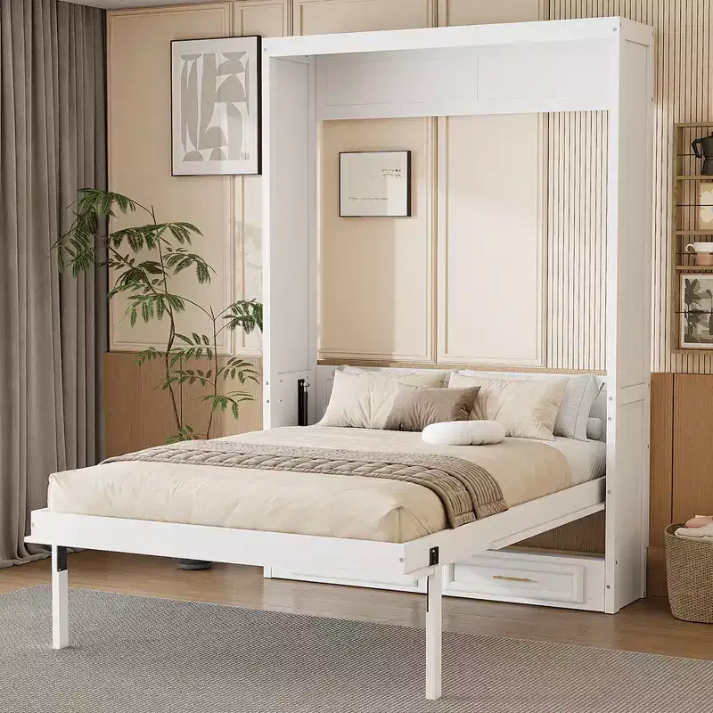 Elegant Full Size Murphy Bed with 2 Drawers, Beige