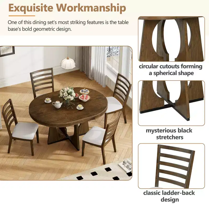 Whisen 5-Piece Retro Rustic Functional Dining Set with 1 Extendable Table and 4 Upholstered Chairs