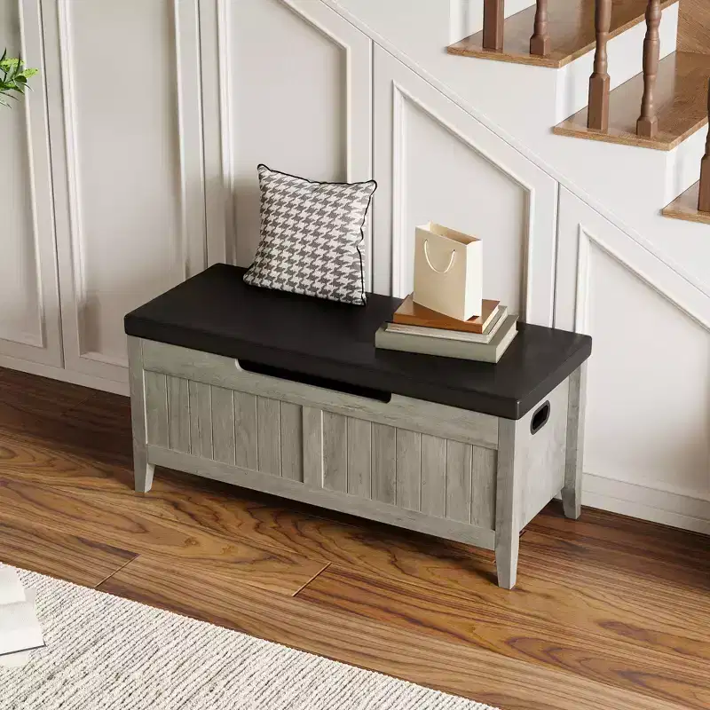 39.4 Wooden Storage Bench with Cushion,Flip-Top Entryway Shoe Bench & Living Room Chest, Easy Assembly, 260 lb Capacity, Safety Hinges