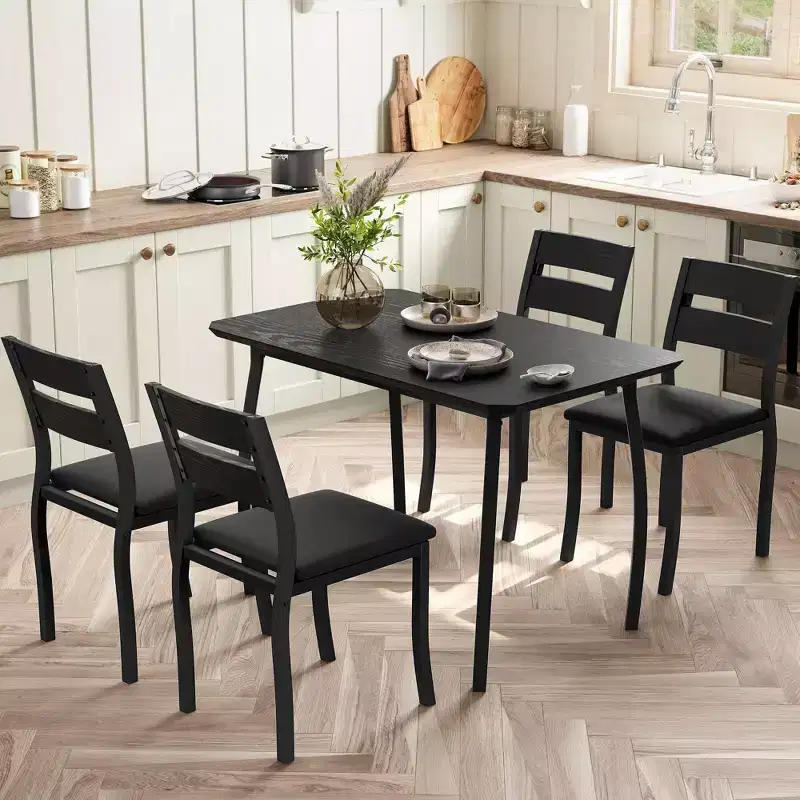 5 Piece Dining Table for 4, Modern Kitchen Table with Upholstered Chairs & Iron Frame, Wood Dining Room Furniture for Small Spaces