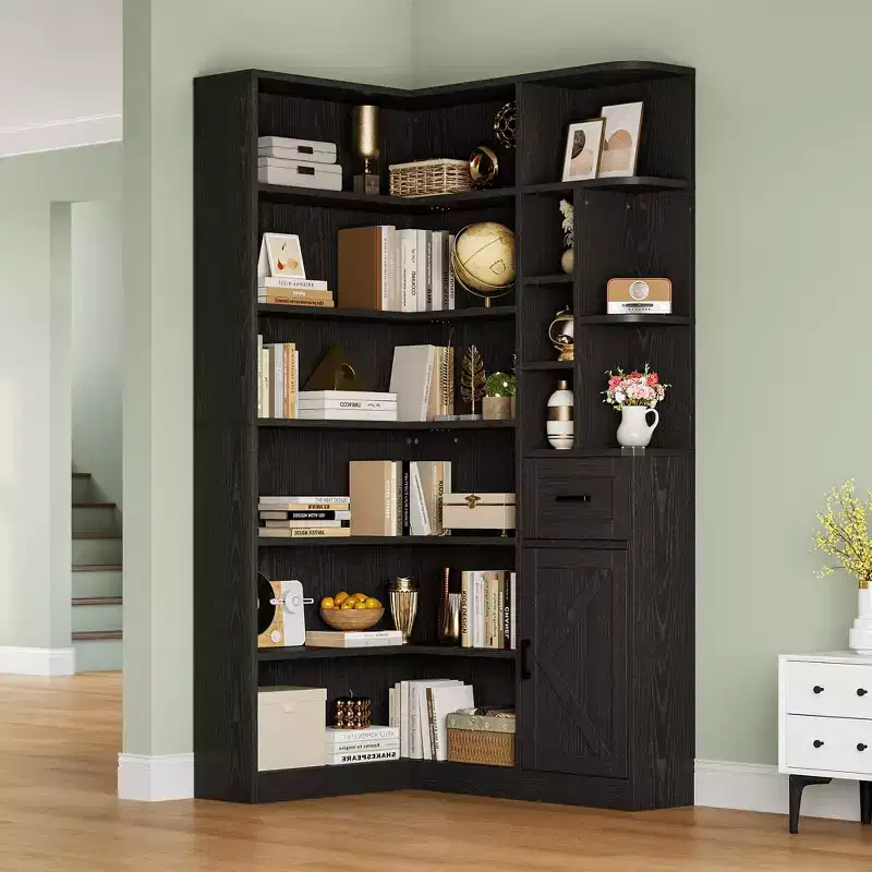 74'' Tall Corner Bookshelf - 6-Tier Book Shelf with Drawer and Cabinets, l-Shaped Bookcase Open Storage Shelves Modern Display Shelf for Home, Office