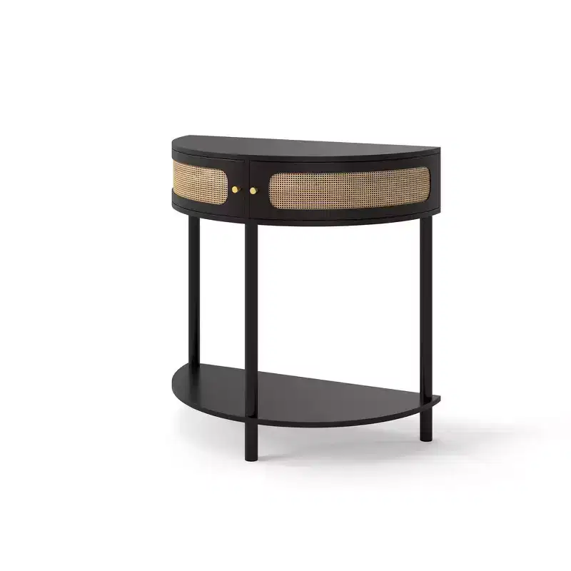 Elegant Semi-Circle End Table with 2 Rattan Cabinets and Bottom Shelf for Living Room, Bedroom & Hallway