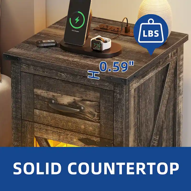 Moasis Set of 2 End Table with Drawer and Power Outlet, LED Light Side Table with Charging Station