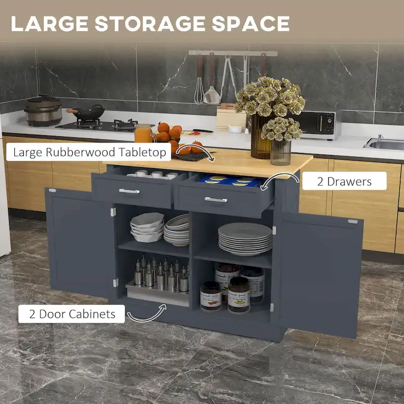 HOMCOM Rolling Kitchen Island with Drop Leaf Wood Breakfast Bar, Farmhouse Kitchen Cart with 2 Drawers, Dark Gray