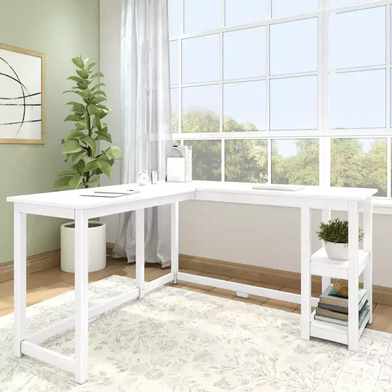 Solid Wood L-Shaped Corner Desk with Storage Shelves for Home Office, Gaming, Computer