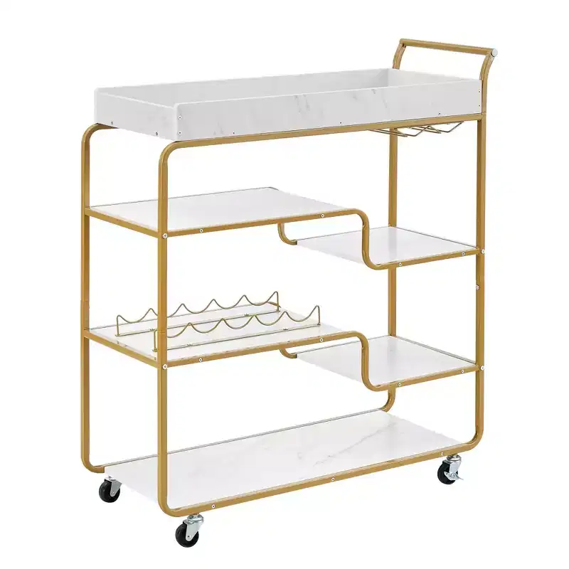 NAYSAYE Bar Serving Cart Retro Style Beverage Trolley with Wine Rack and Glass Holder for Living Room , Gold, 35.63*13.98*40.35
