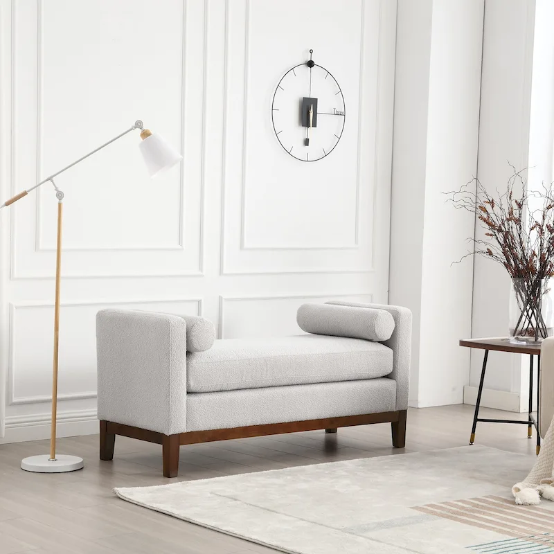 Upholstered Bench Wood Legs and Bolster Pillows