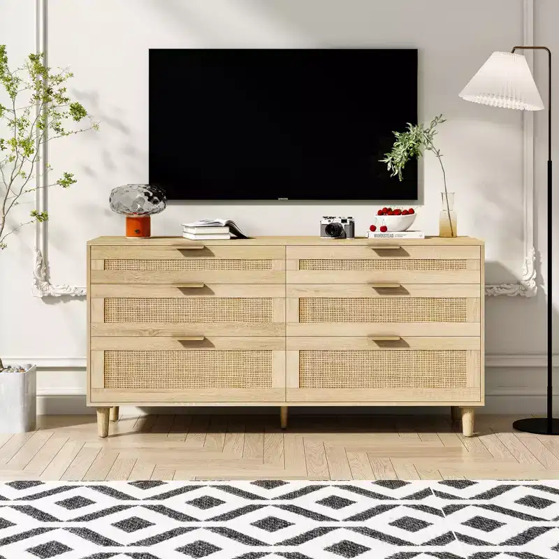 JVNOXK 59-inch rattan 6-drawer dresser, bedroom clothing storage cabinet, metal handles and wooden legs, suitable for bedrooms, natural color