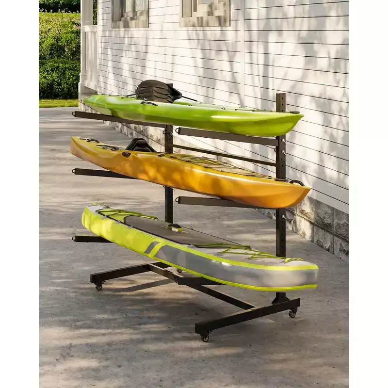 Heavy-Duty Kayak Storage Rack for 3 Kayaks, 3-Layer Freestanding Rack with Wheels & Hanging Straps