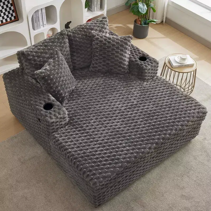 60 Inch Oversized Chaise Lounge Chair Indoor with Cup Holders and USB Ports, Upholstered Sleeper Sofa for Reading - Gray