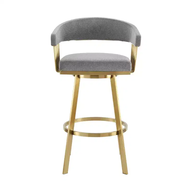 Gray and Gold Fabric and Stainless Steel Low Back Bar Height Swivel Bar Chair