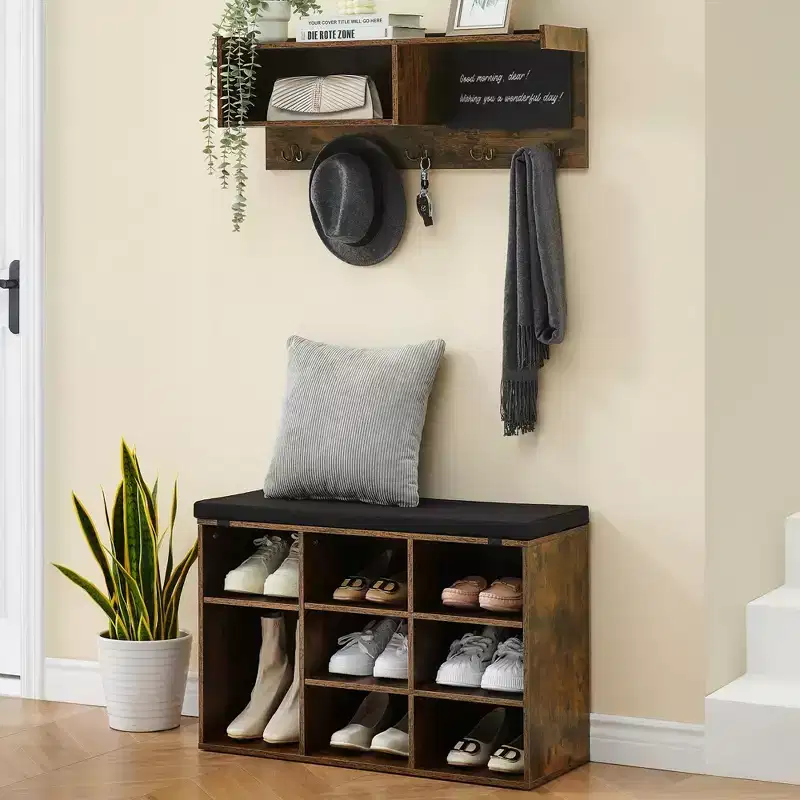 Hall Tree Shoe Bench Industrial 6 in 1 Coat/Shoe Rack with 5 Hooks, 9 Storage Cubbies with Bookshelf and Small Blackboard
