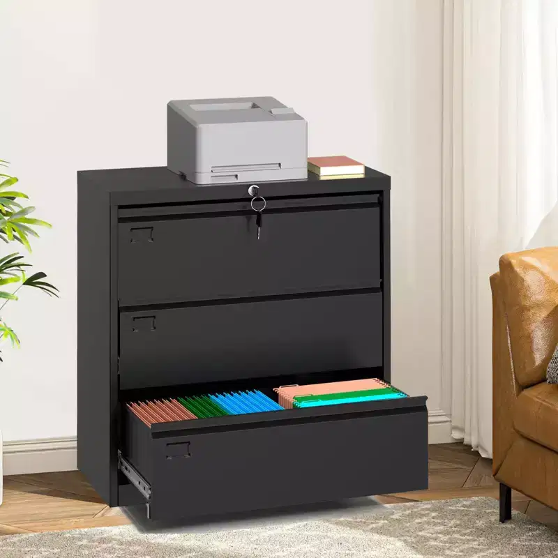 Lock Lateral 3 Drawer File Cabinets - Metal Filing Storage Vertical Cabinets for Home Office Furniture Organization Hanging Letter/Legal/F4/A4