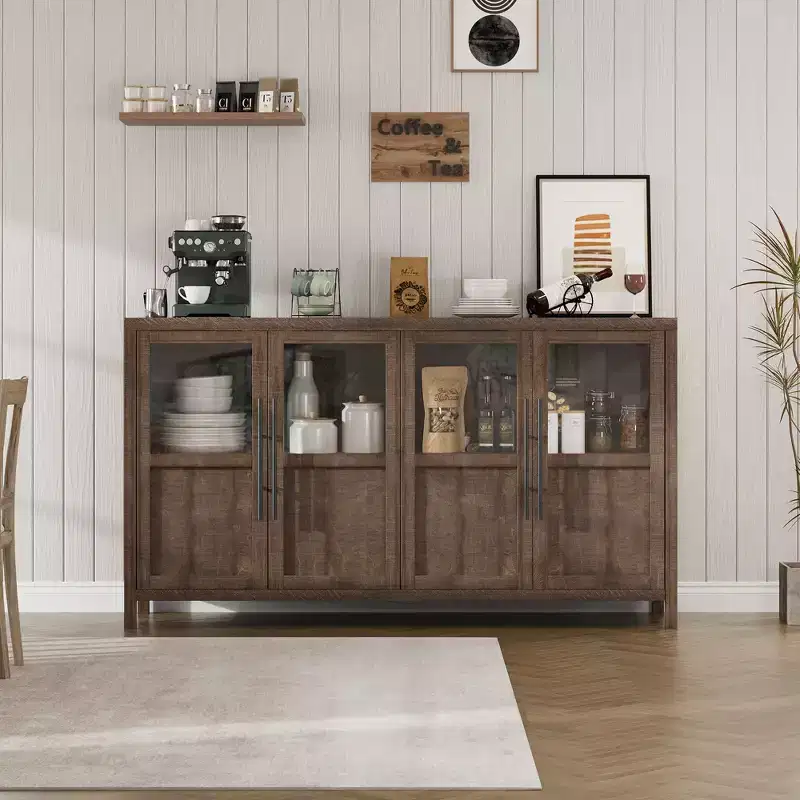55 Large Farmhouse Sideboard Buffet Cabinet, Wooden Kitchen Storage Cabinet with Glass Doors, Coffee Bar Buffet Table for Dining Room Living Room