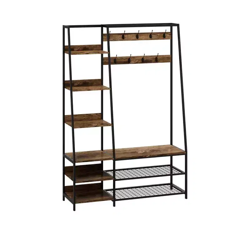 6-in-1 Freestanding Hall Tree Coat Rack w/ Bench & Fabric Dressers Rustic Brown