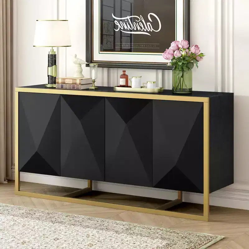 Sideboard Buffet Cabinet, Wood Kitchen Coffee Bar Buffet Cupboard Cabinet, Storage Console Table With 4 Doors And Unique Metal Legs