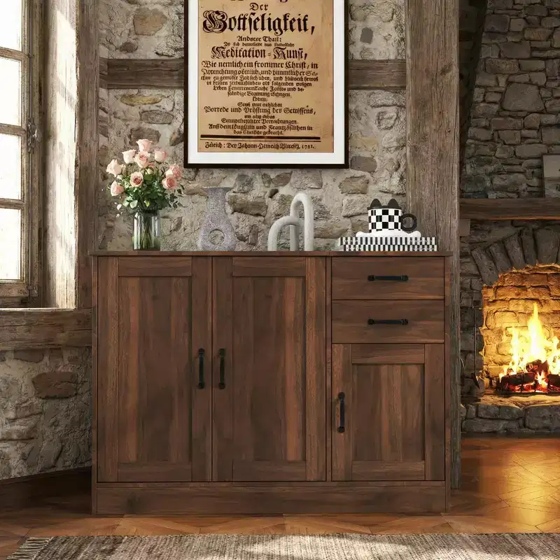 43 Inch Modern Wood Buffet Sideboard, 3 Doors & 2 Drawers, Adjustable Shelves, Natural