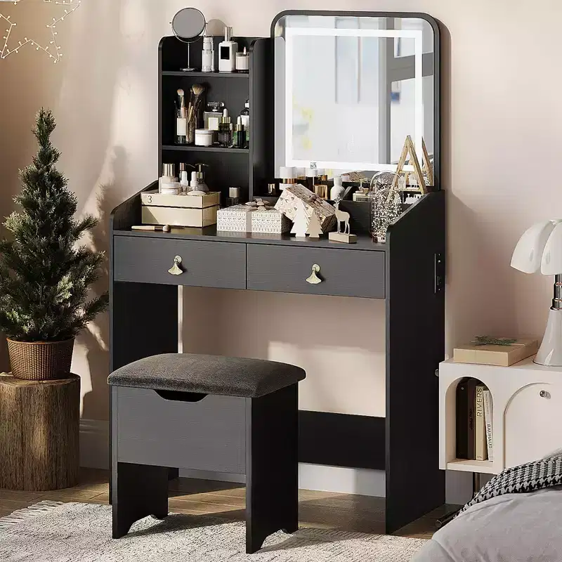 Mirror Vanity Desk with Station & Stool - 2-Drawer Makeup Set for Girls & Women